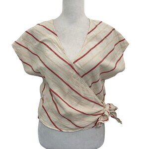 Madewell Stripe V-Neck Wrap Side-Tie Blouse Top White Pink size Small